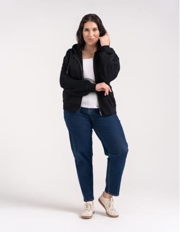 Bluzy dresowe - Bluza damska bawełniana z kapturem rozpinana wygodna o kroju boxy CZARNY - produkt 11