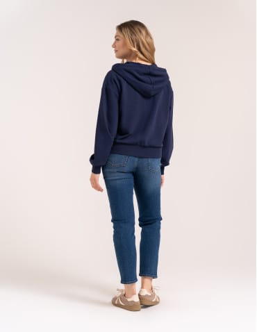 Bluzy dresowe - Bluza damska bawełniana z kapturem rozpinana wygodna o kroju boxy GRANATOWY - produkt 8