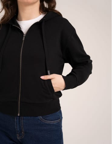 Bluzy dresowe - Bluza damska bawełniana z kapturem rozpinana wygodna o kroju boxy CZARNY - produkt 8