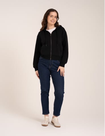 Bluzy dresowe - Bluza damska bawełniana z kapturem rozpinana wygodna o kroju boxy CZARNY - produkt 3