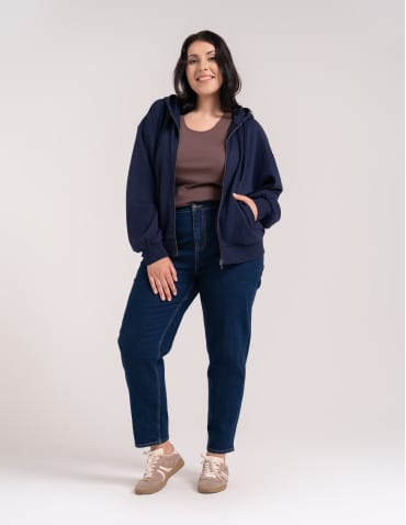 Bluzy dresowe - Bluza damska bawełniana z kapturem rozpinana wygodna o kroju boxy GRANATOWY - produkt 12