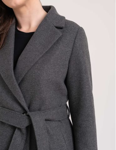 Kurtki zimowe - Płaszcz damski elegancki z rozcięciem z tyłu taliowany casual SZARY - produkt 9