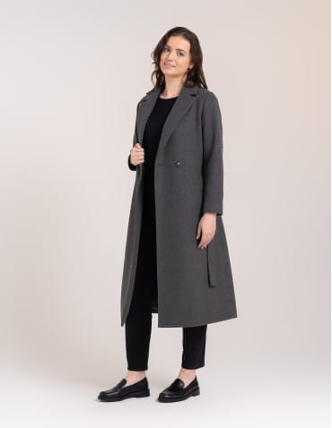 Kurtki zimowe - Płaszcz damski elegancki z rozcięciem z tyłu taliowany casual SZARY - produkt 7