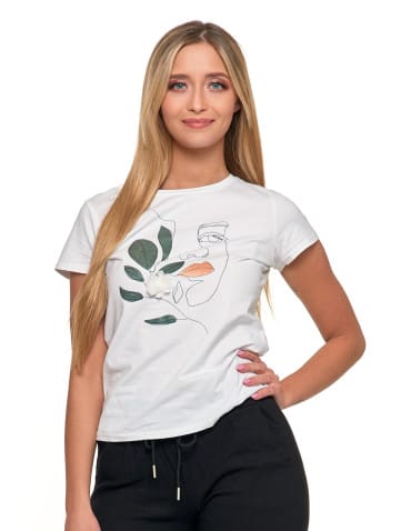 Koszulki i T-shirty - Koszulka damska T-shirt z wzorem twarzy i kwiatkiem Slimfit BIAŁY - produkt 1