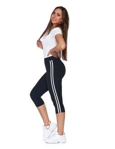 Legginsy damskie - Legginsy damskie 3/4 peach touch z lampasami Plus Size CZARNY - produkt 1