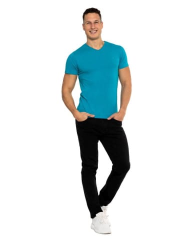 Koszulki i Tank Topy - Koszulka męska bawełna Premium T-shirt dekolt w serek TURKUSOWY - produkt 2