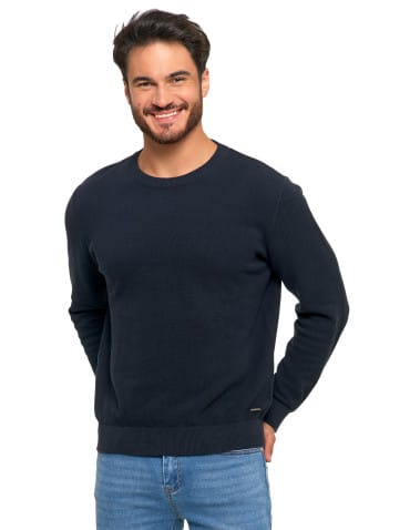 Swetry męskie - Bawełniany sweter męski elegancki z okrągłym dekoltem GRANATOWY - produkt 1