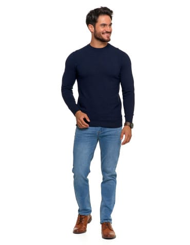 Swetry męskie - Bawełniany sweter męski elegancki z okrągłym dekoltem GRANATOWY - produkt 5