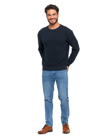 Swetry męskie - Bawełniany sweter męski elegancki z okrągłym dekoltem GRANATOWY - produkt 8