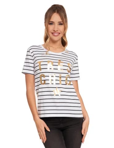 Koszulki i T-shirty - T-shirt damski koszulka w paski ze złotym nadrukiem BIAŁY - produkt 1