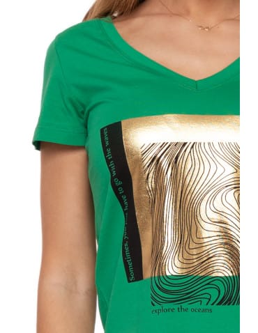 Koszulki i T-shirty - T-shirt damski z dekoltem w serek i złotym nadrukiem ZIELONY - produkt 4