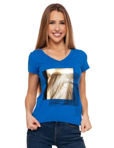 Koszulki i T-shirty - T-shirt damski z dekoltem w serek i złotym nadrukiem NIEBIESKI - produkt 1