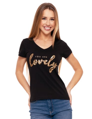 Koszulki i T-shirty - T-shirt damski z dekoltem w serek i cekinami CZARNY - produkt 1