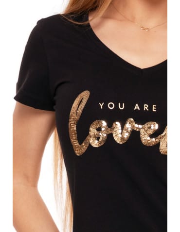 Koszulki i T-shirty - T-shirt damski z dekoltem w serek i cekinami CZARNY - produkt 4