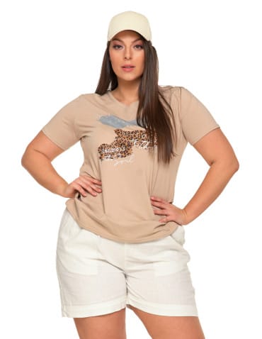 Koszulki i T-shirty - Koszulka damska T-shirt z dekoltem V i nadrukiem w panterkę BEŻOWY - produkt 1