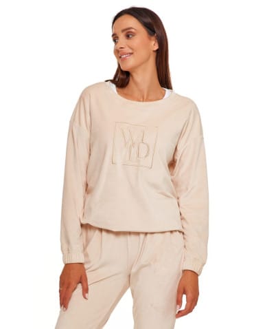 Bluzy damskie - Bluza damska welurowa bez kaptura BEŻOWY - produkt 4