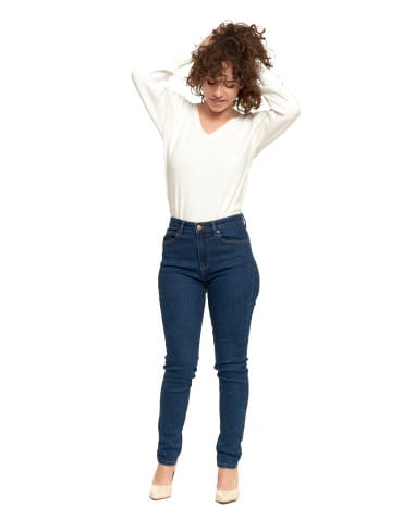 Spodnie damskie - Jeansy spodnie damskie skinny z wysokim stanem GRANATOWY - produkt 1