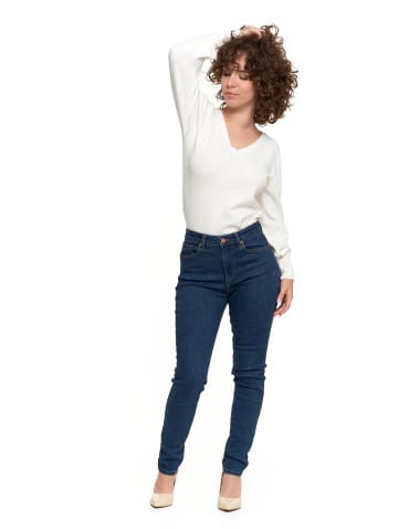 Spodnie damskie - Jeansy spodnie damskie skinny z wysokim stanem GRANATOWY - produkt 2