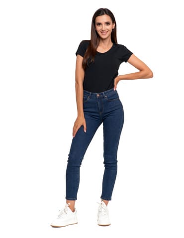 Spodnie damskie - Jeansy spodnie damskie skinny z wysokim stanem GRANATOWY - produkt 5