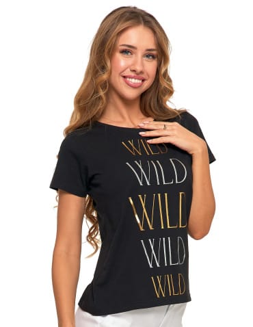 Koszulki i T-shirty - Koszulka damska T-shirt z błyszczącymi napisami CZARNY - produkt 2
