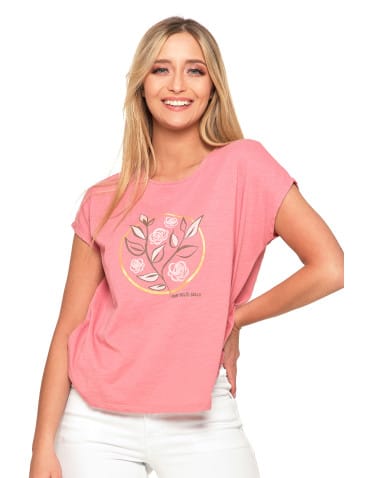 Koszulki i T-shirty - Koszulka damska T-shirt w kwiaty kr&oacute;tki rękaw R&Oacute;ŻOWY - produkt 1