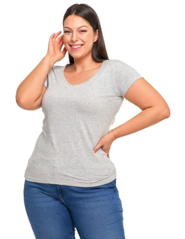 T-shirt damski bawełniany z dekoltem V Plus Size - JASNY SZARY