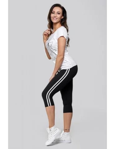 Legginsy damskie - Legginsy damskie 3/4 z lampasami CZARNY - produkt 1