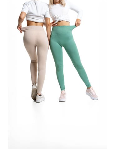 Legginsy damskie - Legginsy damskie z wysokim stanem prążkowane sportowe BEŻOWY - produkt 6