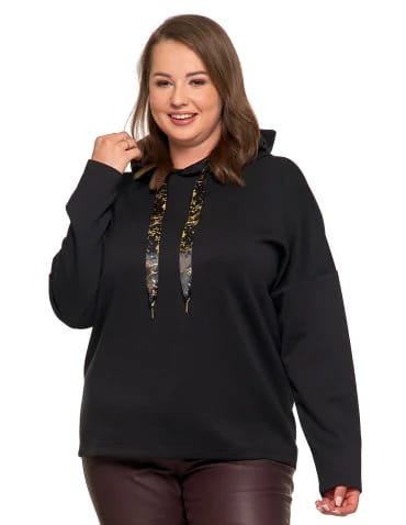 Bluzy damskie - Luźna damska bluza z kapturem ze złotym zdobieniem CZARNY - produkt 1