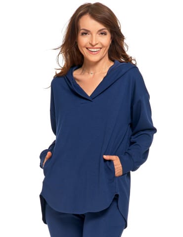 Bluzy damskie - Damska bluza oversize z kapturem i dekoltem w serek GRANATOWY - produkt 1