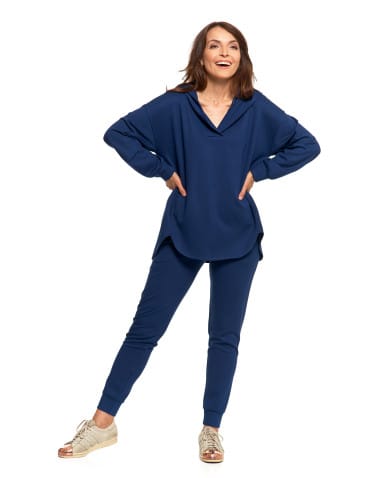 Bluzy damskie - Damska bluza oversize z kapturem i dekoltem w serek GRANATOWY - produkt 9