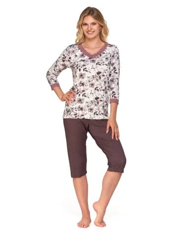 Długi rękaw - Damska piżama Plus Size z kwiatowym wzorem i koronką BEŻOWY - produkt 1