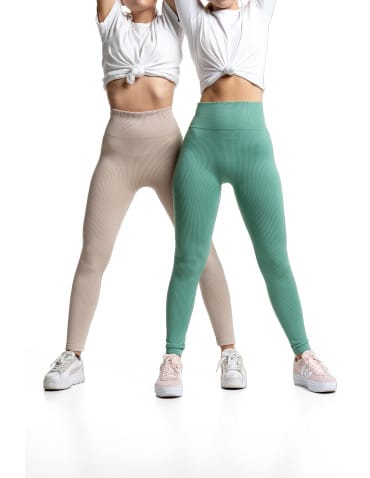 Legginsy damskie - Legginsy damskie z wysokim stanem prążkowane sportowe BEŻOWY - produkt 8