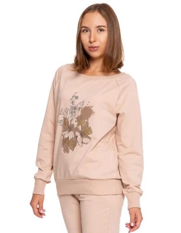Bluzy damskie - Bluza damska dresowa o klasycznym kroju z nadrukiem BEŻOWY - produkt 1