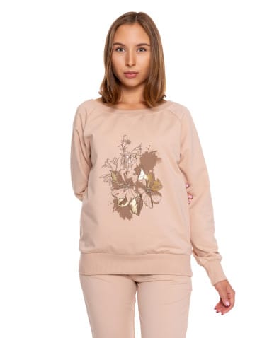 Bluzy damskie - Bluza damska dresowa o klasycznym kroju z nadrukiem BEŻOWY - produkt 4