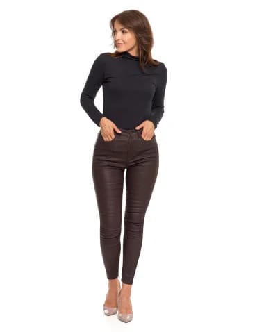 Spodnie damskie - Spodnie damskie skinny z wysokim stanem woskowane BRĄZOWY - produkt 1