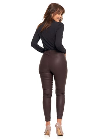 Spodnie damskie - Spodnie damskie skinny z wysokim stanem woskowane BRĄZOWY - produkt 7