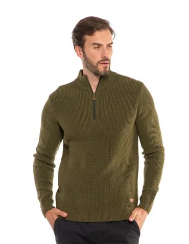 Swetry męskie - Sweter męski klasyczny zapinany ze stójką KHAKI - produkt 1