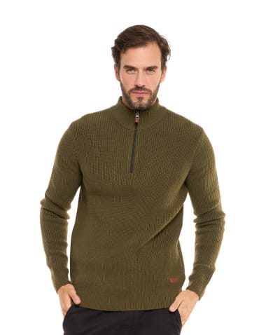Swetry męskie - Sweter męski klasyczny zapinany ze stójką KHAKI - produkt 5