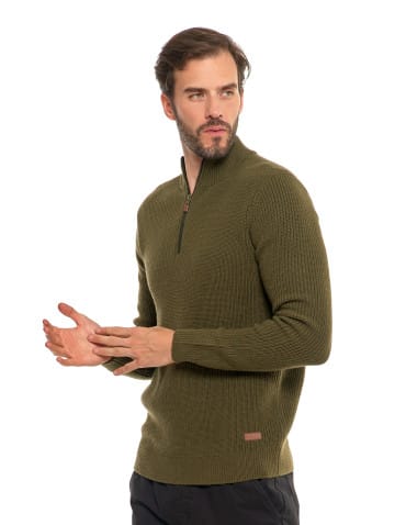 Swetry męskie - Sweter męski klasyczny zapinany ze stójką KHAKI - produkt 6