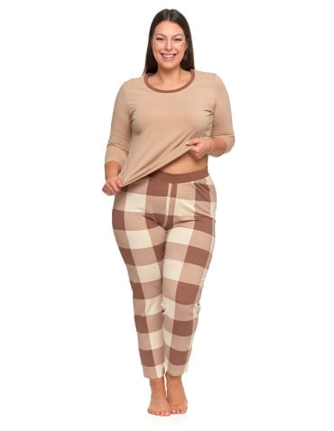 Długi rękaw - Piżama damska Plus Size z rękawem 3/4 i prostymi spodniami BEŻOWY - produkt 2