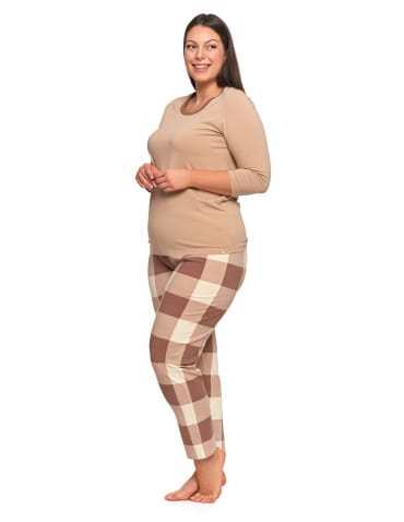 Długi rękaw - Piżama damska Plus Size z rękawem 3/4 i prostymi spodniami BEŻOWY - produkt 6