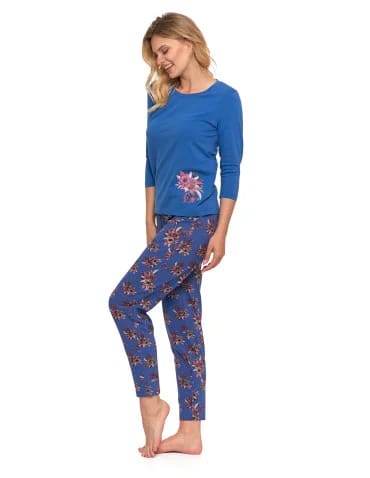 Długi rękaw - Piżama damska z rękawem 3/4 kwiatowy wzór Plus Size GRANATOWY - produkt 1