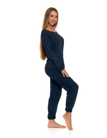 Długi rękaw - Piżama damska bawełniana długa w kropki Plus Size GRANATOWY - produkt 1