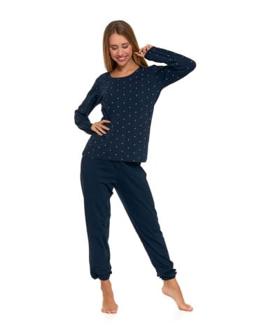 Długi rękaw - Piżama damska bawełniana długa w kropki Plus Size GRANATOWY - produkt 5