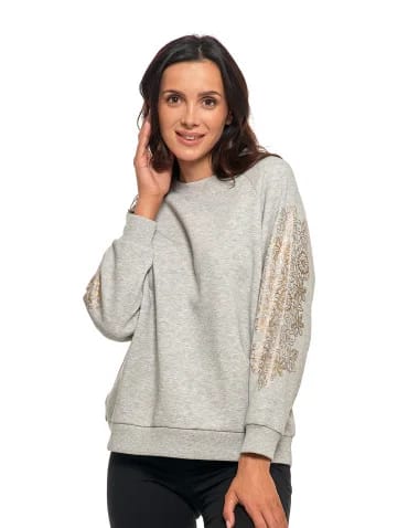 Bluzy damskie - Bluza damska ocpielana ze złotym kwiatowym nadrukiem JASNY SZARY - produkt 1
