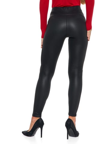 Legginsy damskie - Legginsy damskie z wysokim stanem imitujące sk&oacute;rę CZARNY - produkt 7
