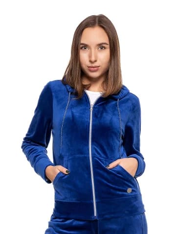 Bluzy damskie - Welurowa bluza damska rozpinana z kapturem NIEBIESKI - produkt 1