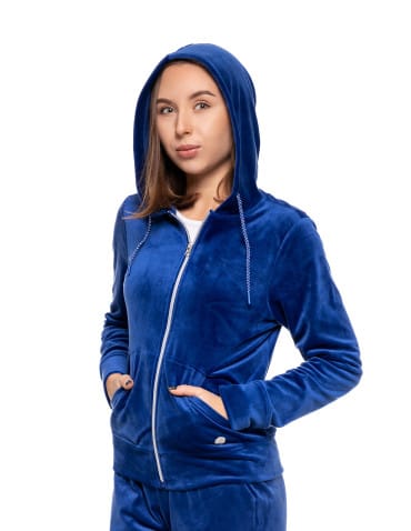 Bluzy damskie - Welurowa bluza damska rozpinana z kapturem NIEBIESKI - produkt 6