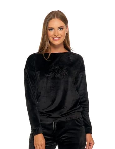 Bluzy damskie - Welurowa bluza damska z haftem bez kaptura CZARNY - produkt 1